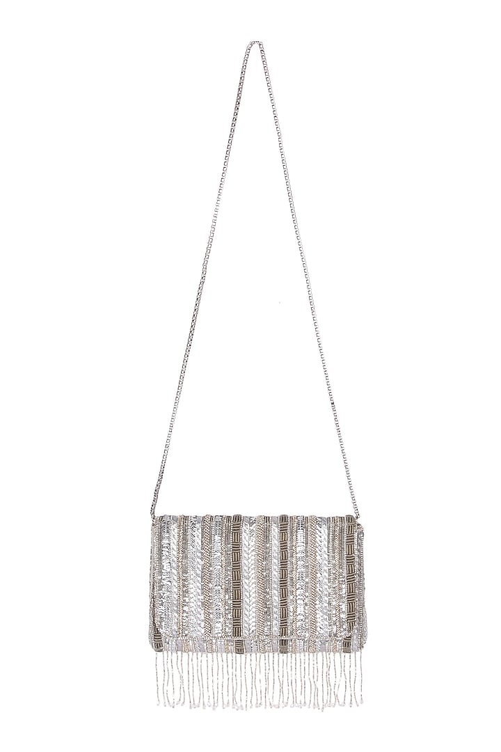 Silver Satin Hand Embroidered Clutch by The Purple Sack at Pernia's Pop Up Shop