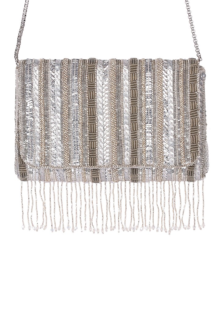 Silver Satin Hand Embroidered Clutch by The Purple Sack at Pernia's Pop Up Shop