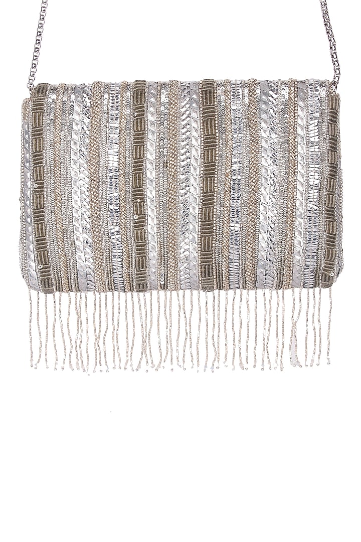 Silver Satin Hand Embroidered Clutch by The Purple Sack at Pernia's Pop Up Shop
