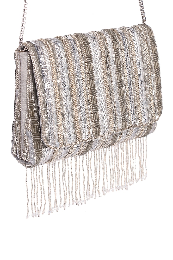 Silver Satin Hand Embroidered Clutch by The Purple Sack at Pernia's Pop Up Shop