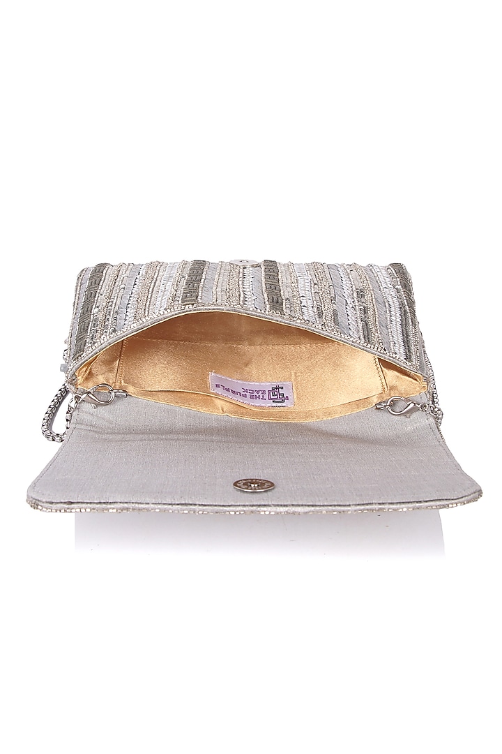 Silver Satin Hand Embroidered Clutch by The Purple Sack at Pernia's Pop Up Shop
