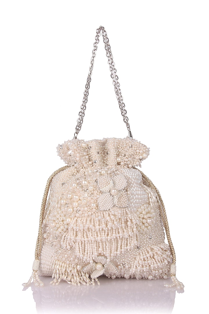 White Satin Hand Embroidered Potli by The Purple Sack at Pernia's Pop Up Shop