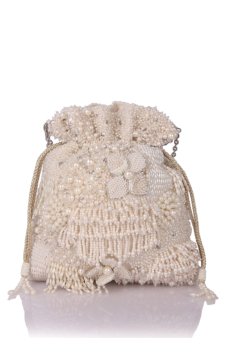 White Satin Hand Embroidered Potli by The Purple Sack at Pernia's Pop Up Shop