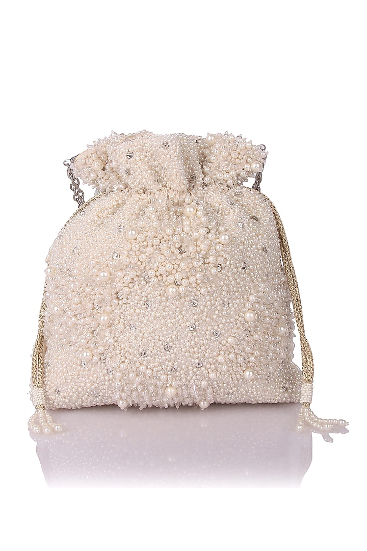 White Satin Hand Embroidered Potli by The Purple Sack at Pernia's Pop Up Shop