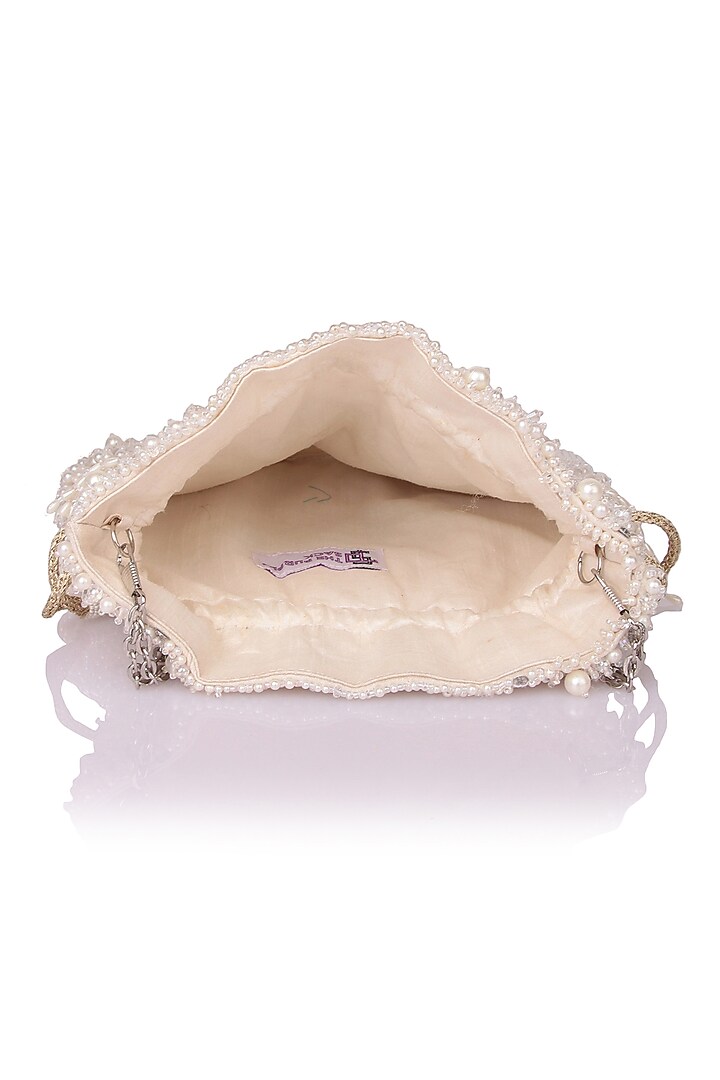 White Satin Hand Embroidered Potli by The Purple Sack at Pernia's Pop Up Shop