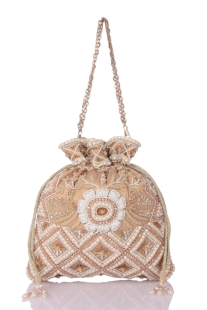 Gold Satin Hand Embroidered Potli by The Purple Sack at Pernia's Pop Up Shop