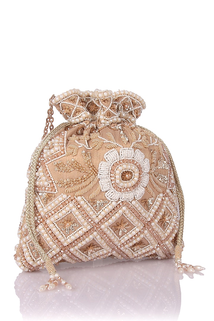 Gold Satin Hand Embroidered Potli by The Purple Sack at Pernia's Pop Up Shop