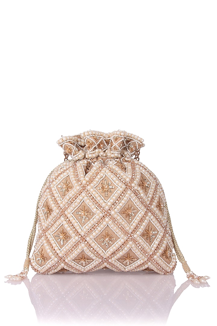 Gold Satin Hand Embroidered Potli by The Purple Sack at Pernia's Pop Up Shop