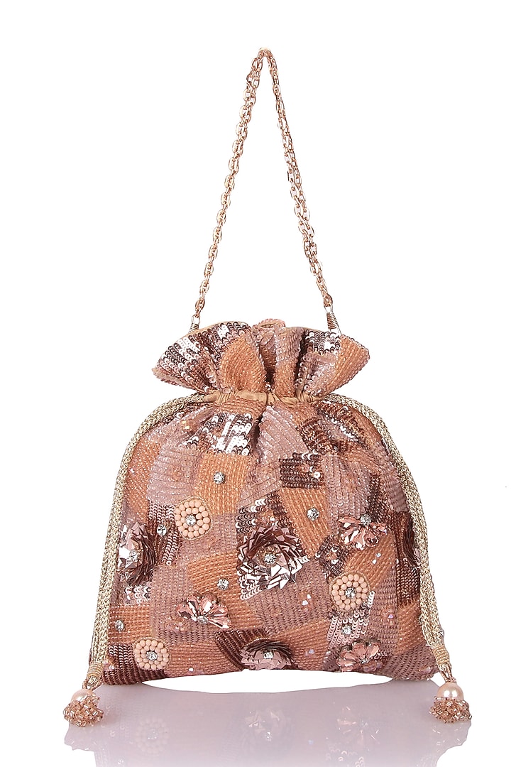 Rose Gold Satin Hand Embroidered Potli by The Purple Sack at Pernia's Pop Up Shop