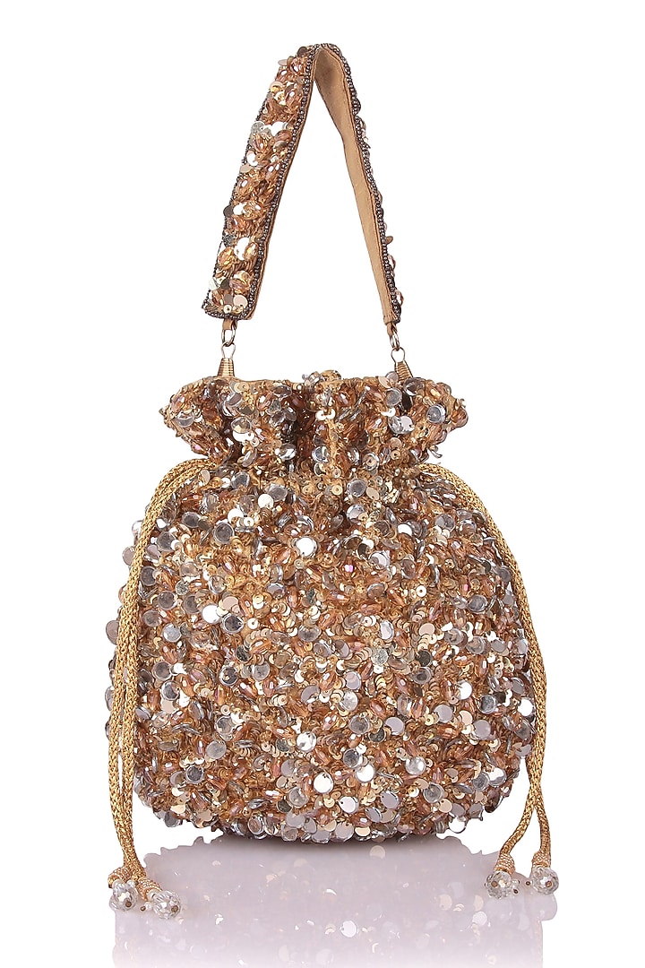 Gold Satin Hand Embroidered Potli by The Purple Sack at Pernia's Pop Up Shop