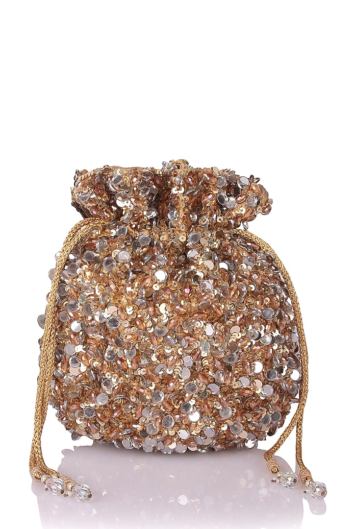Gold Satin Hand Embroidered Potli by The Purple Sack at Pernia's Pop Up Shop