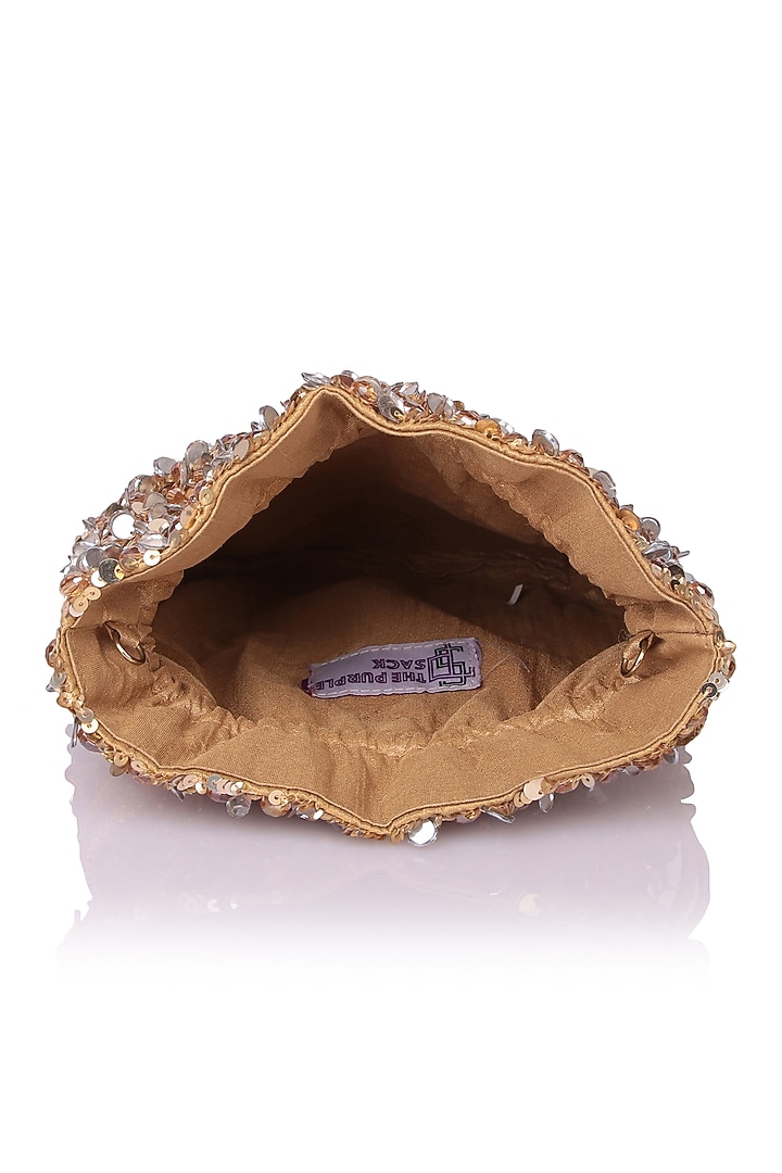Gold Satin Hand Embroidered Potli by The Purple Sack at Pernia's Pop Up Shop