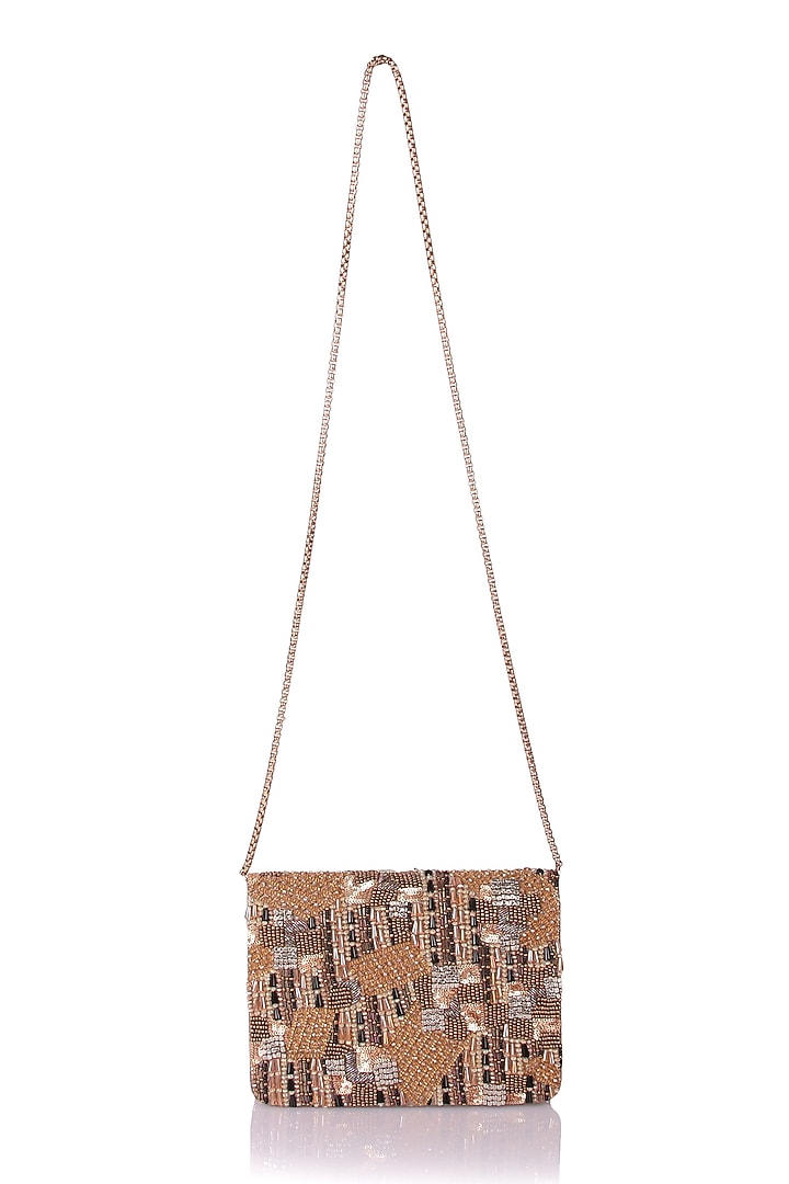 Brown Satin Hand Embroidered Clutch by The Purple Sack at Pernia's Pop Up Shop