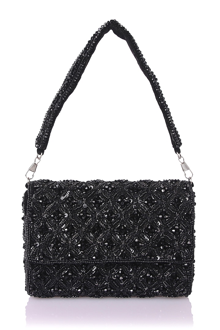 Black Satin Hand Embroidered Clutch by The Purple Sack at Pernia's Pop Up Shop
