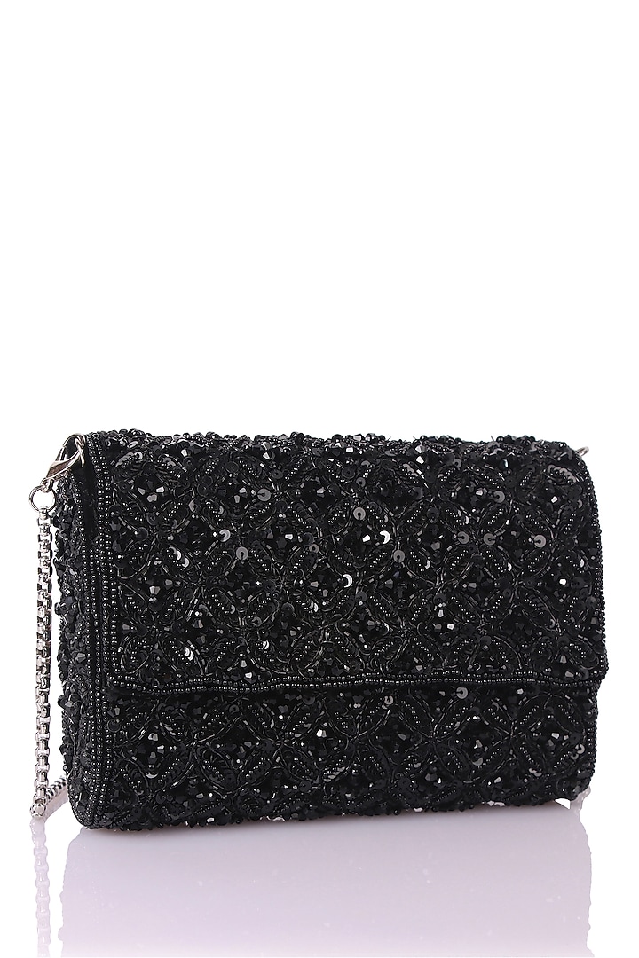 Black Satin Hand Embroidered Clutch by The Purple Sack at Pernia's Pop Up Shop