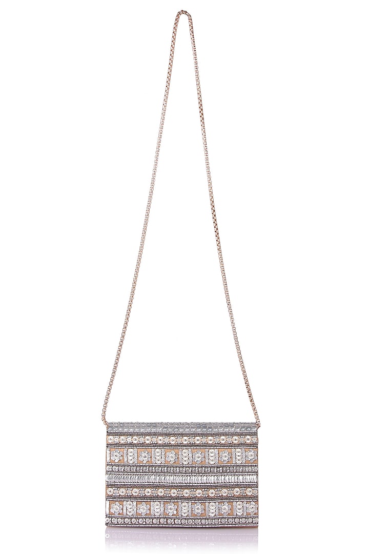 Beige Satin Hand Embroidered Clutch by The Purple Sack at Pernia's Pop Up Shop