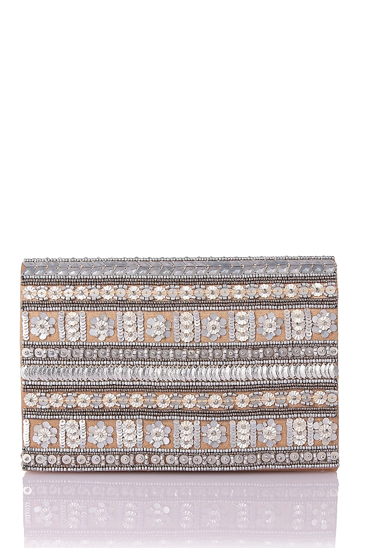 Beige Satin Hand Embroidered Clutch by The Purple Sack at Pernia's Pop Up Shop