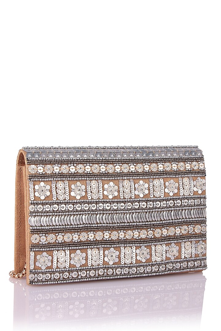 Beige Satin Hand Embroidered Clutch by The Purple Sack at Pernia's Pop Up Shop