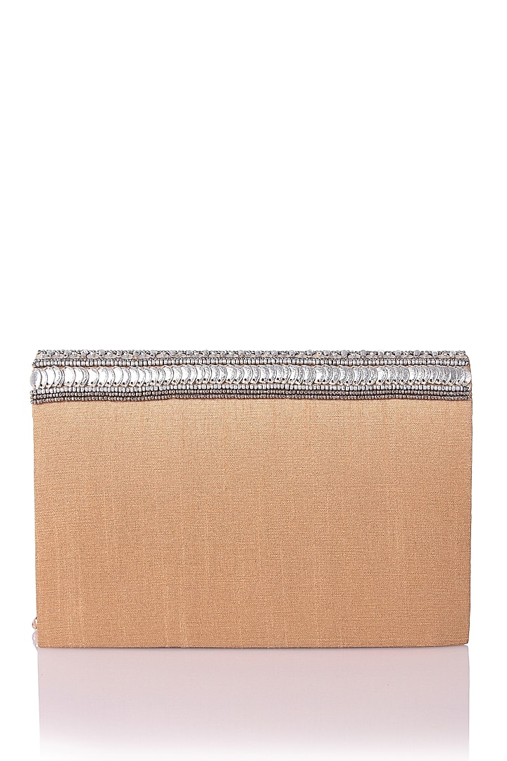 Beige Satin Hand Embroidered Clutch by The Purple Sack at Pernia's Pop Up Shop
