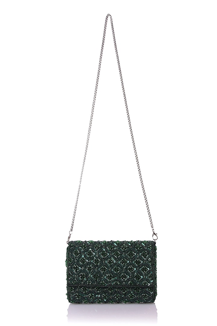 Green Satin Hand Embroidered Clutch by The Purple Sack at Pernia's Pop Up Shop