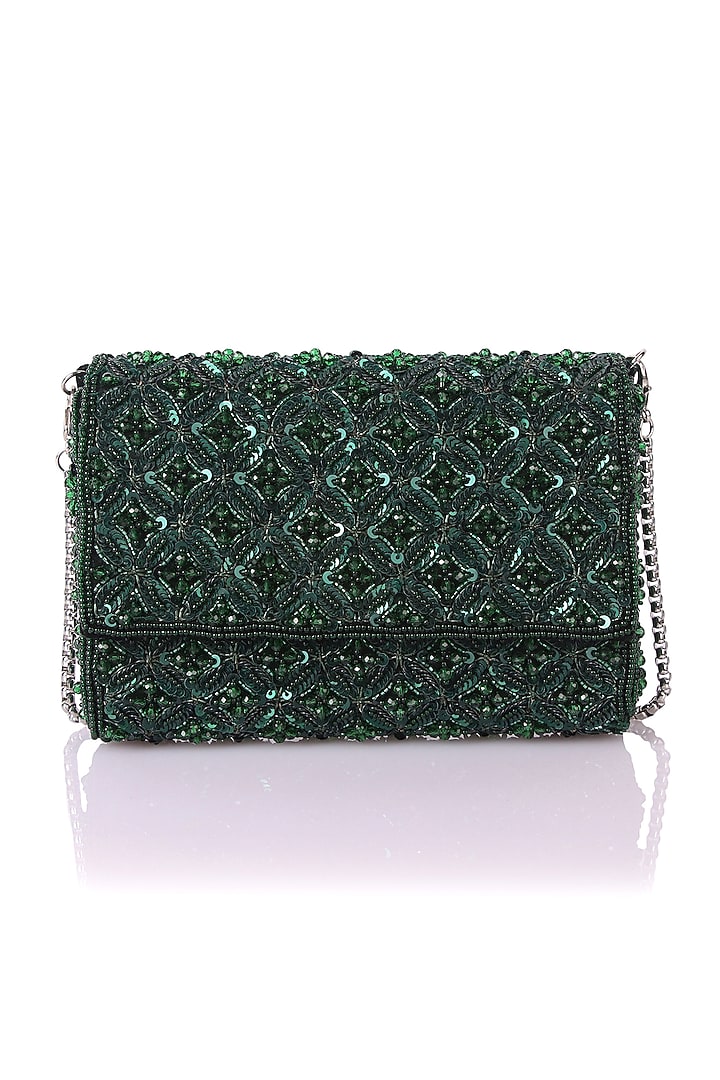 Green Satin Hand Embroidered Clutch by The Purple Sack at Pernia's Pop Up Shop