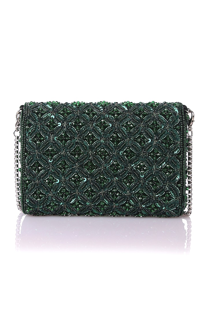 Green Satin Hand Embroidered Clutch by The Purple Sack at Pernia's Pop Up Shop