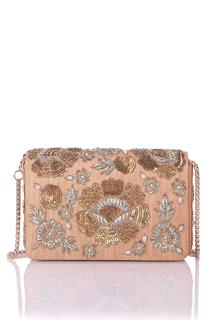 Gold Satin Hand Embroidered Clutch by The Purple Sack at Pernia's Pop Up Shop