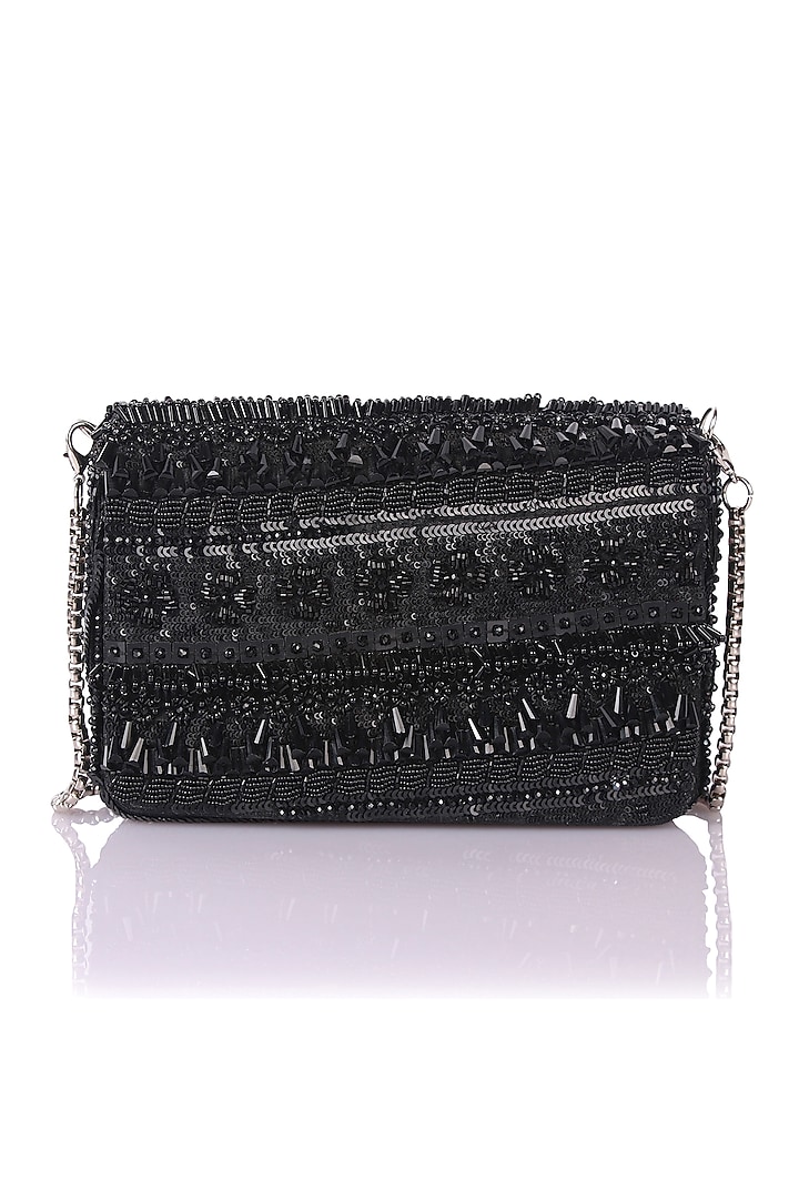 Black Satin Hand Embroidered Clutch by The Purple Sack at Pernia's Pop Up Shop