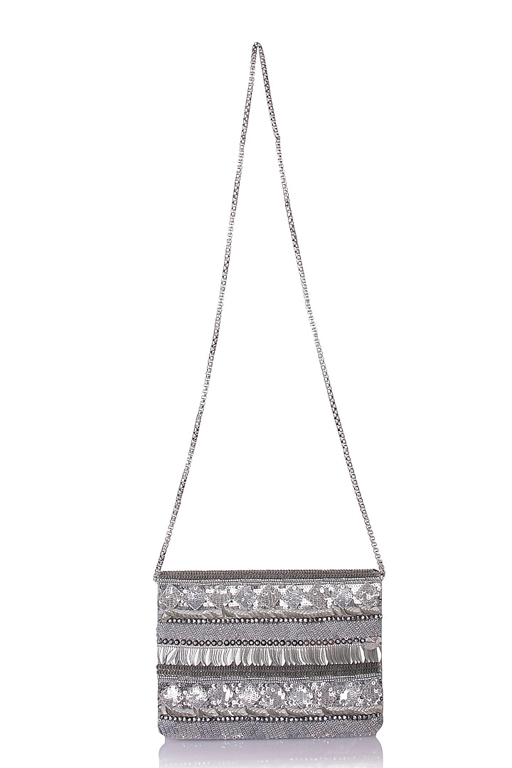 Silver Satin Hand Embroidered Clutch by The Purple Sack at Pernia's Pop Up Shop