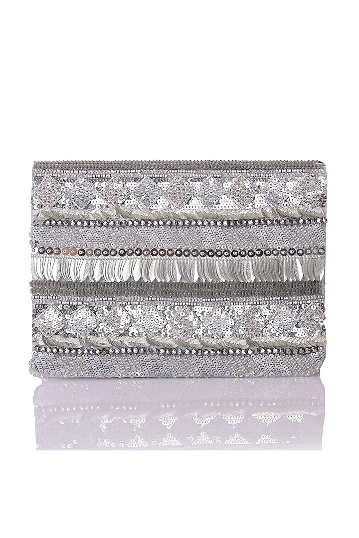 Silver Satin Hand Embroidered Clutch by The Purple Sack at Pernia's Pop Up Shop