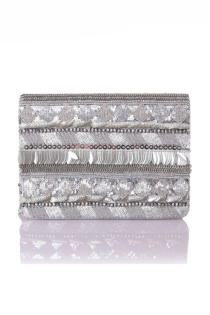 Silver Satin Hand Embroidered Clutch by The Purple Sack at Pernia's Pop Up Shop