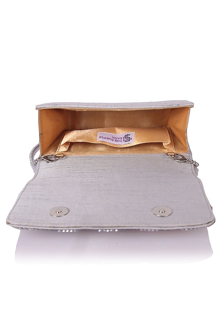 Silver Satin Hand Embroidered Clutch by The Purple Sack at Pernia's Pop Up Shop
