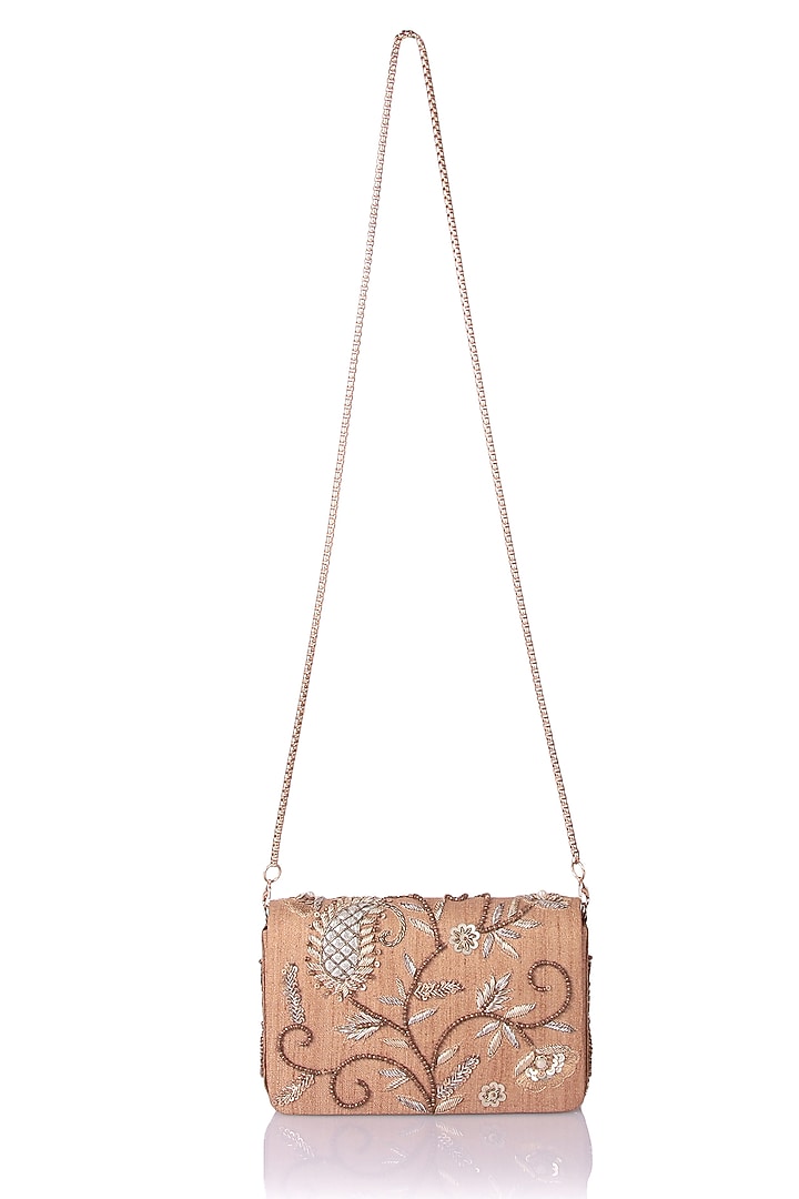 Gold Satin Applique Hand Embroidered Clutch by The Purple Sack at Pernia's Pop Up Shop