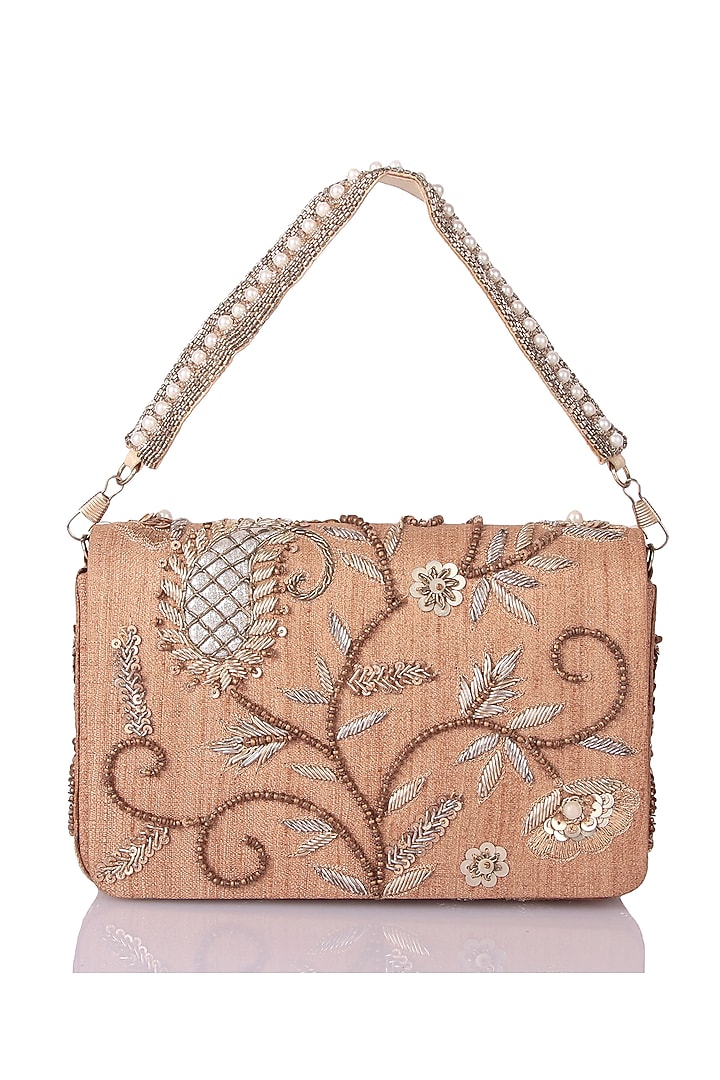 Gold Satin Applique Hand Embroidered Clutch by The Purple Sack at Pernia's Pop Up Shop