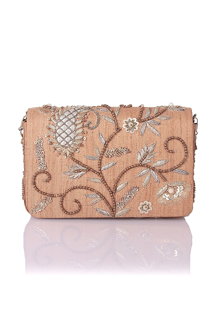 Gold Satin Applique Hand Embroidered Clutch by The Purple Sack at Pernia's Pop Up Shop