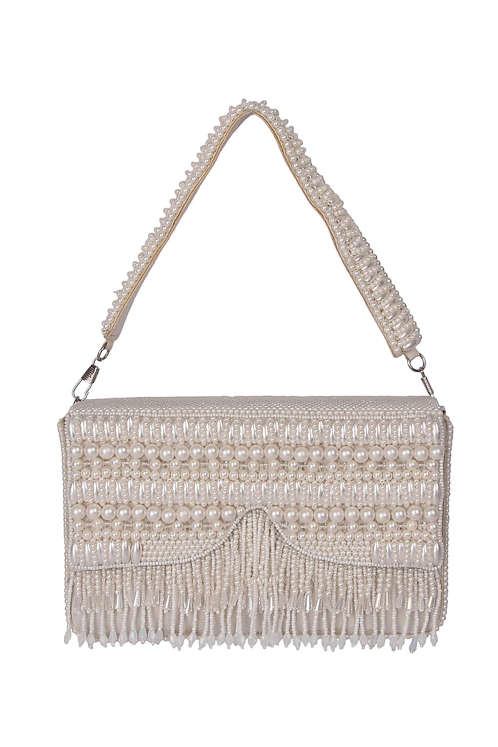 White Satin Pearl Hand Embroidered Handbag by The Purple Sack at Pernia's Pop Up Shop
