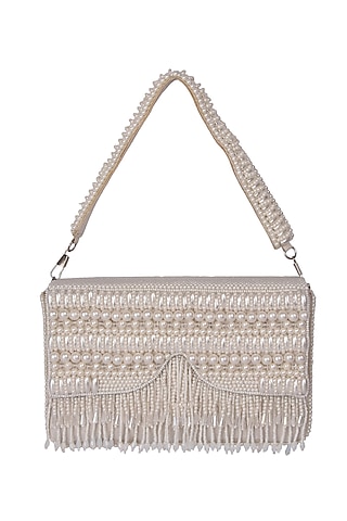 White Satin Pearl Hand Embroidered Handbag by The Purple Sack
