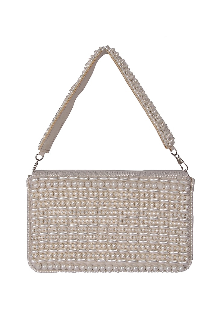 White Satin Pearl Hand Embroidered Handbag by The Purple Sack at Pernia's Pop Up Shop