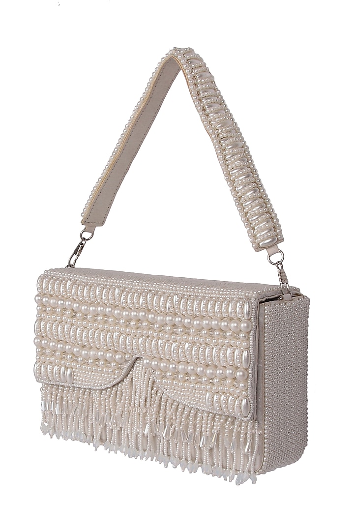 White Satin Pearl Hand Embroidered Handbag by The Purple Sack at Pernia's Pop Up Shop