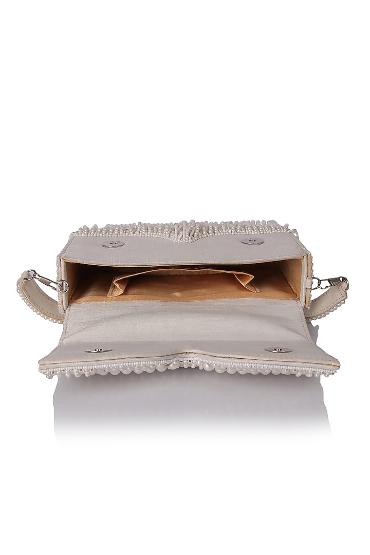 White Satin Pearl Hand Embroidered Handbag by The Purple Sack at Pernia's Pop Up Shop