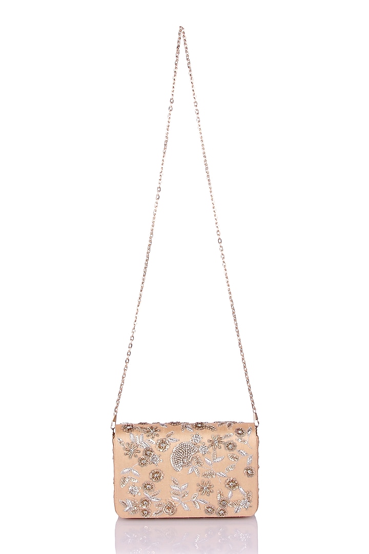 Gold & Silver Satin Applique Hand Embroidered Clutch by The Purple Sack at Pernia's Pop Up Shop