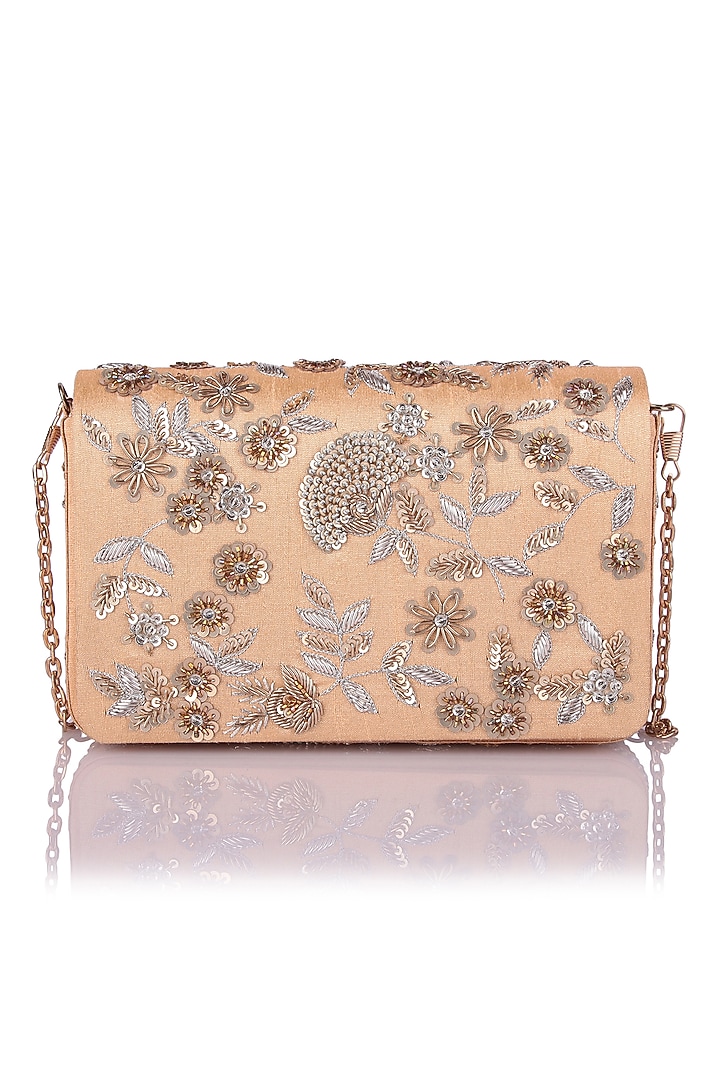 Gold & Silver Satin Applique Hand Embroidered Clutch by The Purple Sack at Pernia's Pop Up Shop