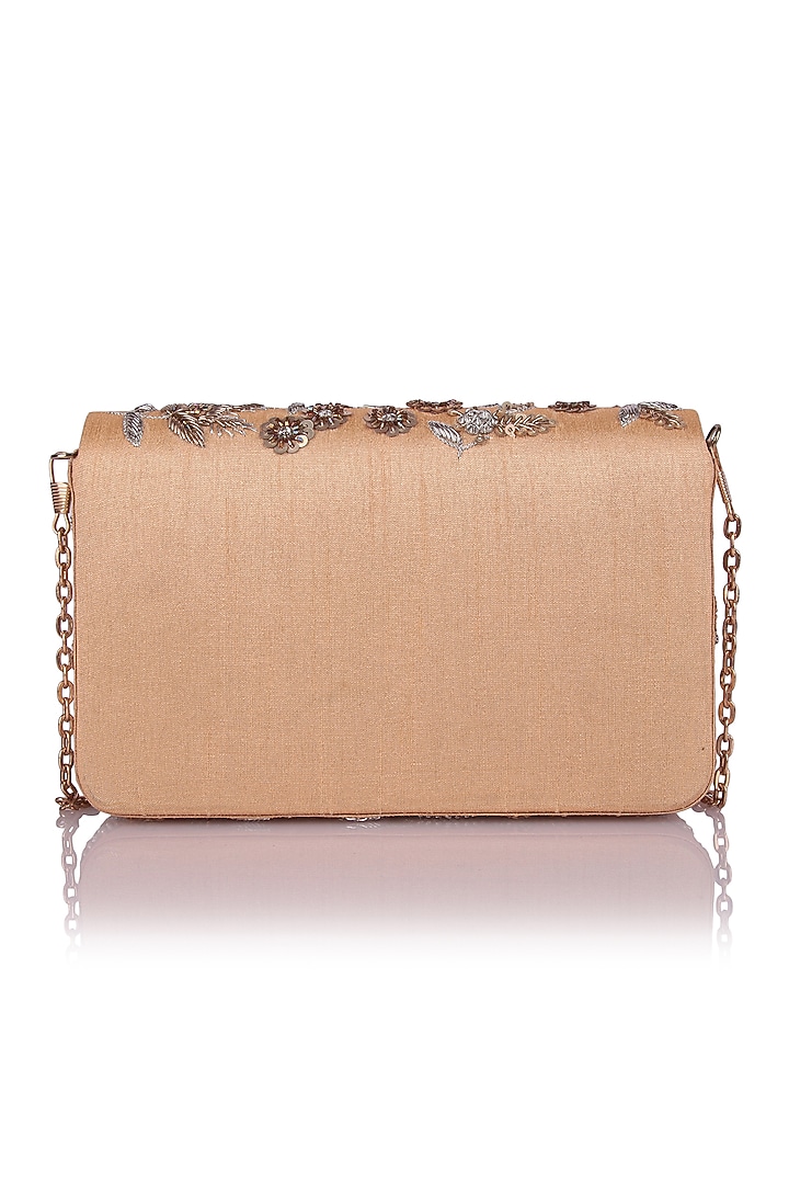 Gold & Silver Satin Applique Hand Embroidered Clutch by The Purple Sack at Pernia's Pop Up Shop