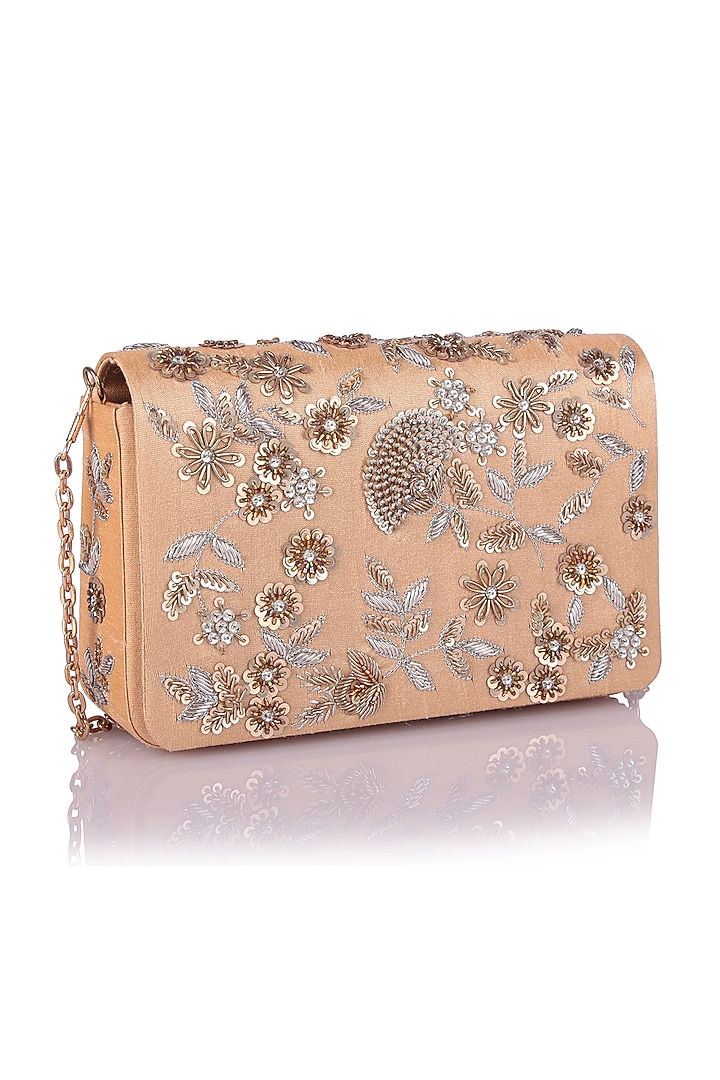 Gold & Silver Satin Applique Hand Embroidered Clutch by The Purple Sack at Pernia's Pop Up Shop