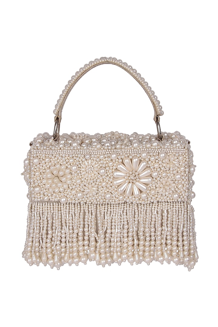 White Satin Pearl Hand Embroidered Handbag by The Purple Sack at Pernia's Pop Up Shop