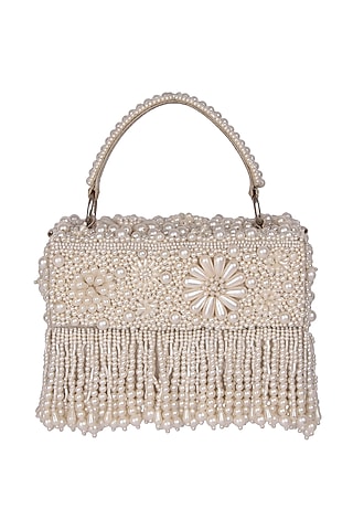 White Satin Pearl Hand Embroidered Handbag by The Purple Sack