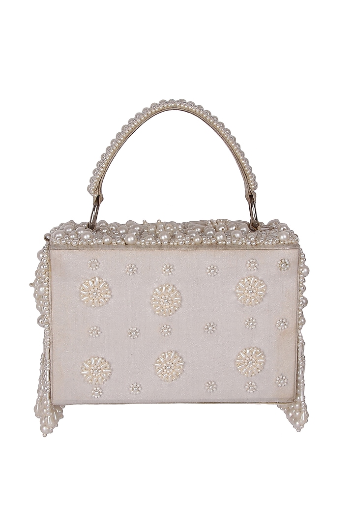 White Satin Pearl Hand Embroidered Handbag by The Purple Sack at Pernia's Pop Up Shop