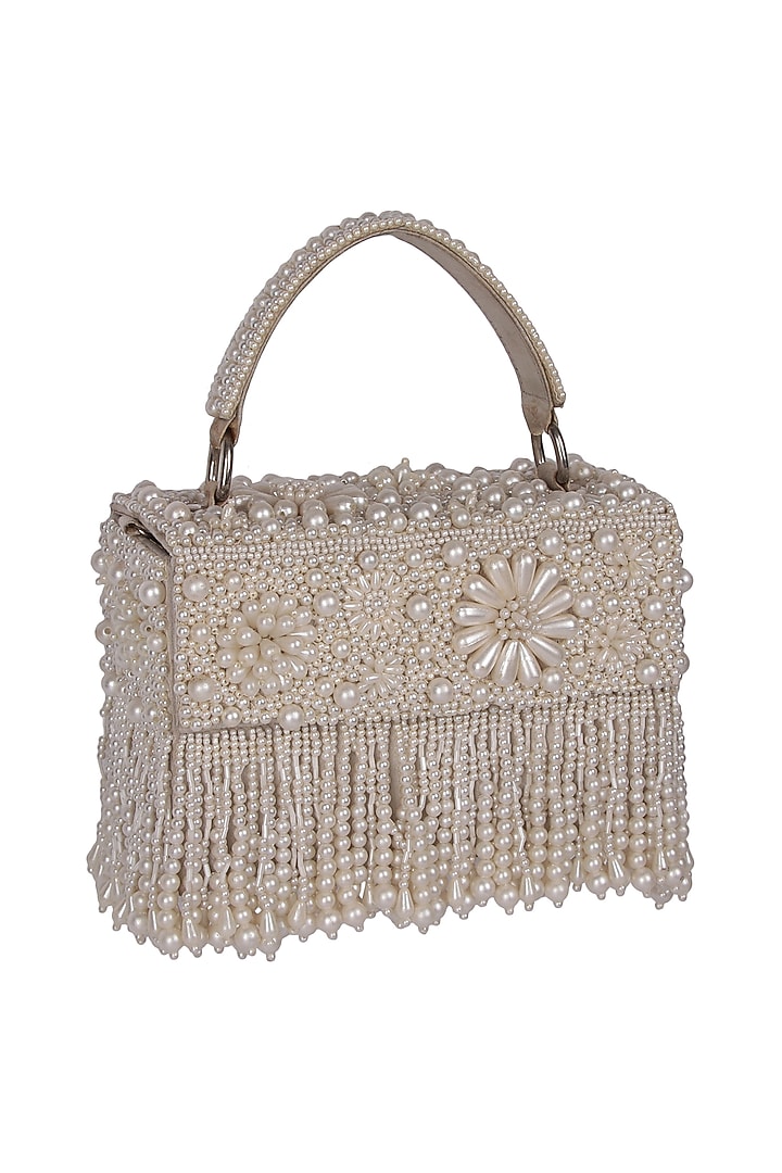 White Satin Pearl Hand Embroidered Handbag by The Purple Sack at Pernia's Pop Up Shop