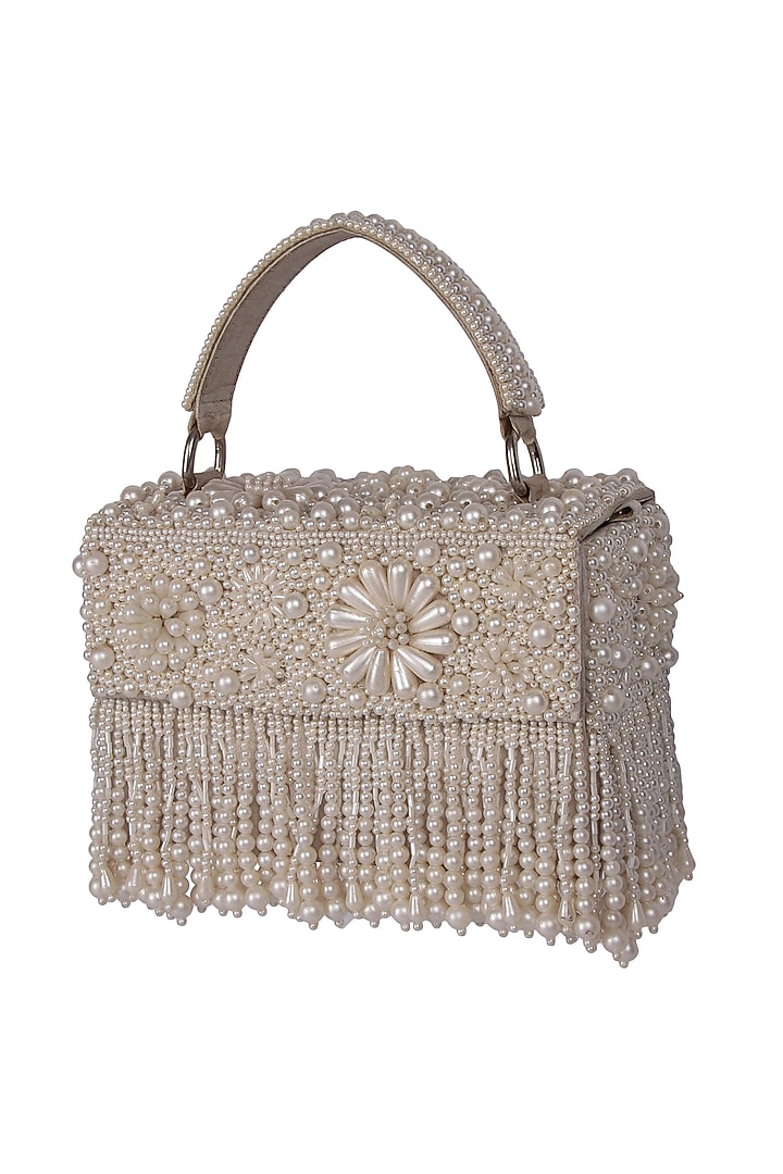 White Satin Pearl Hand Embroidered Handbag by The Purple Sack at Pernia's Pop Up Shop