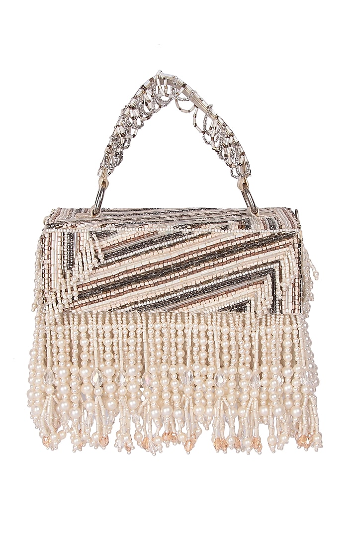 Multi-Colored Satin Pearl Hand Embroidered Handbag by The Purple Sack at Pernia's Pop Up Shop